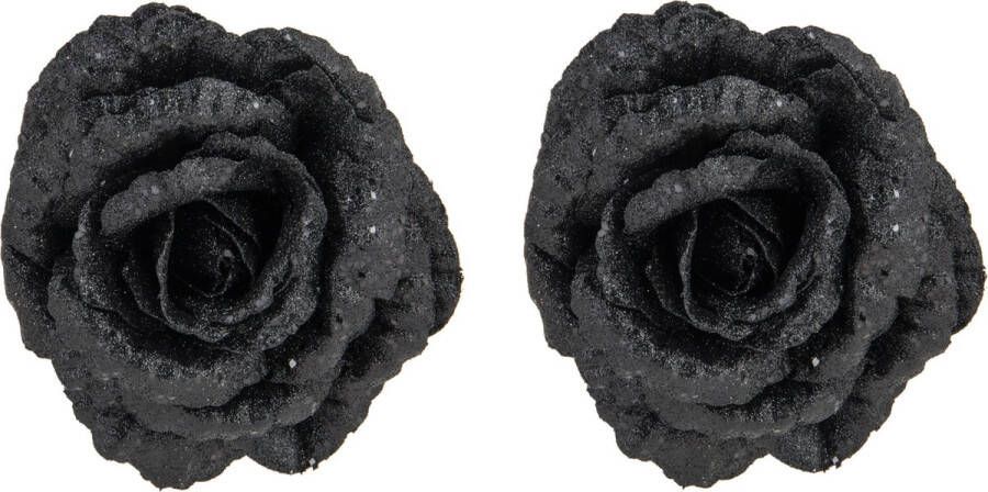Cosy&Trendy 2x stuks decoratie bloemen roos zwart glitter op clip 15 cm Decoratiebloemen kerstboomversiering kerstversiering