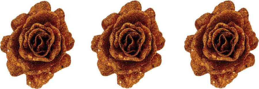 Cosy @ Home 3x stuks decoratie bloemen roos koper glitter op clip 10 cm Decoratiebloemen kerstboomversiering kerstversiering