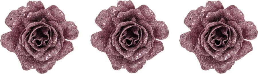 Cosy @ Home 3x stuks decoratie bloemen roos roze glitter op clip 10 cm Decoratiebloemen kerstboomversiering kerstversiering
