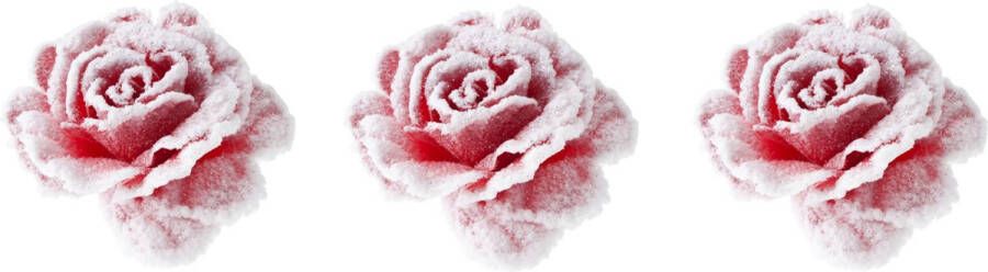 Cosy @ Home 3x stuks decoratie bloemen roos roze met sneeuw op clip 15 cm Decoratiebloemen kerstboomversiering