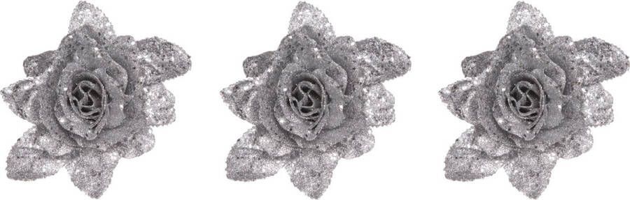 Cosy @ Home 3x stuks decoratie bloemen roos zilver glitter met blad op clip 15 cm Decoratiebloemen kerstboomversiering