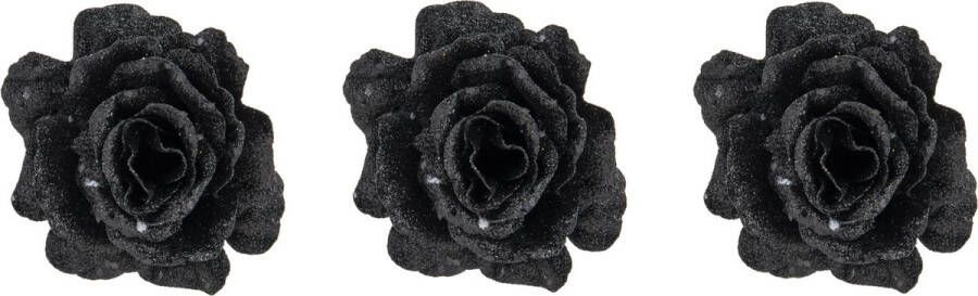 Cosy @ Home 3x stuks decoratie bloemen roos zwart glitter op clip 10 cm Decoratiebloemen kerstboomversiering kerstversiering