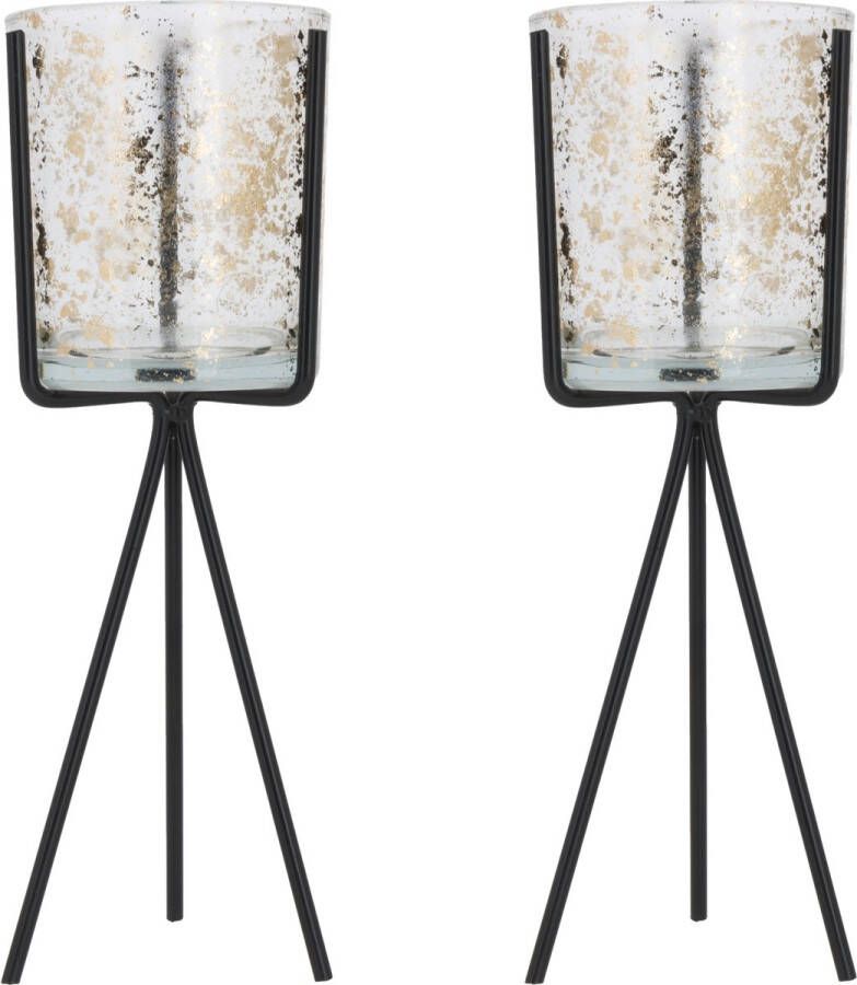 Cosy @ Home Set van 2x stuks glazen theelichthouder waxinelichthouder op zwart metalen voet 11 x 10 x 26 cm Kaarsenhouder