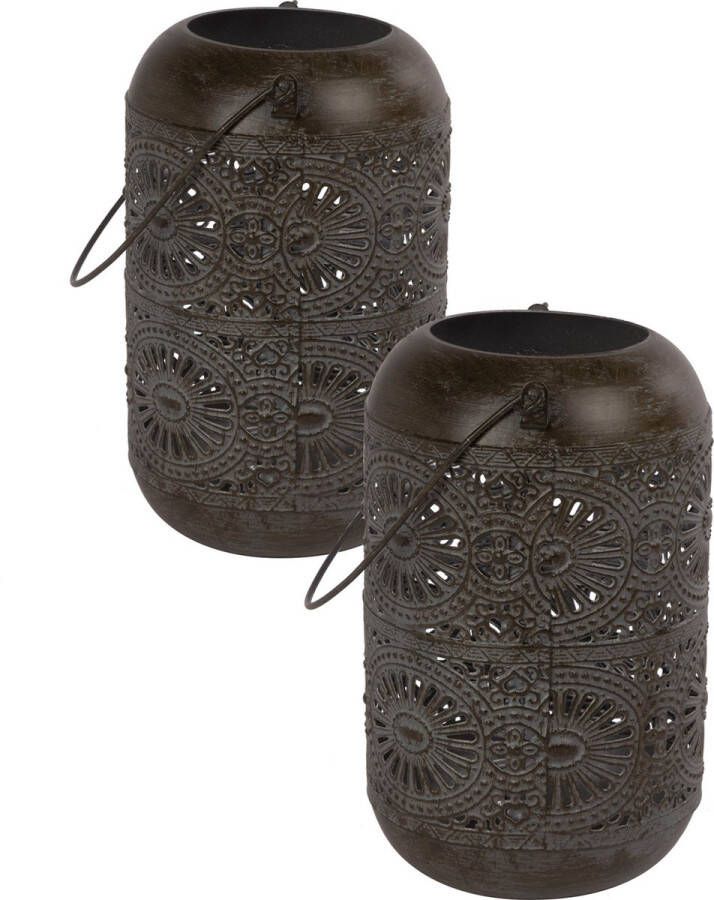 Cosy @ Home Set van 2x stuks metalen theelichthouder lantaarn bruin 11 x 18 cm Waxinelichtjeshouder Windlicht voor kaarsjes van metaal