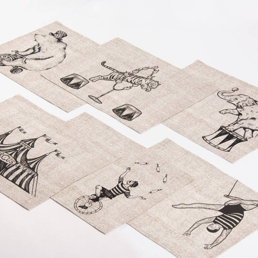 CosyC Vintage Circus set van zes verschillende placemats 100% katoen in linnenlook