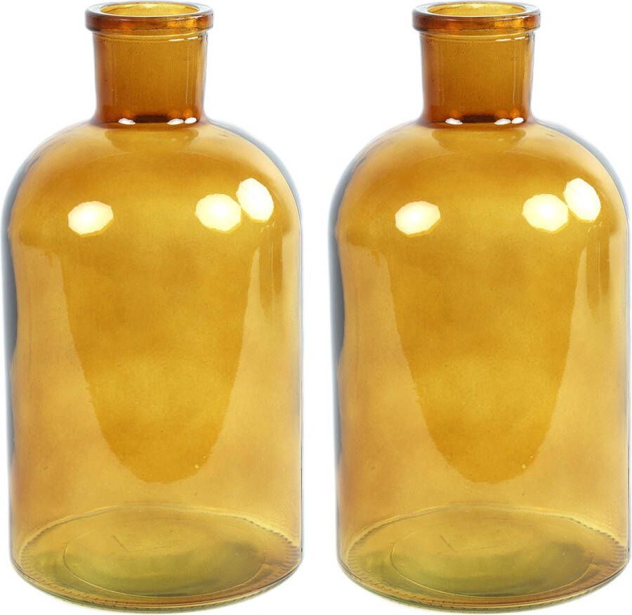 Countryfield Bloemenvaas 2x stuks goudgeel glas apotheker fles D14 x H27 cm