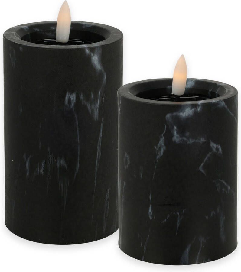 Countryfield LED kaarsen stompkaarsen set 2x zwart marmer look H10 en H12 5 cm timer warm wit LED kaarsen