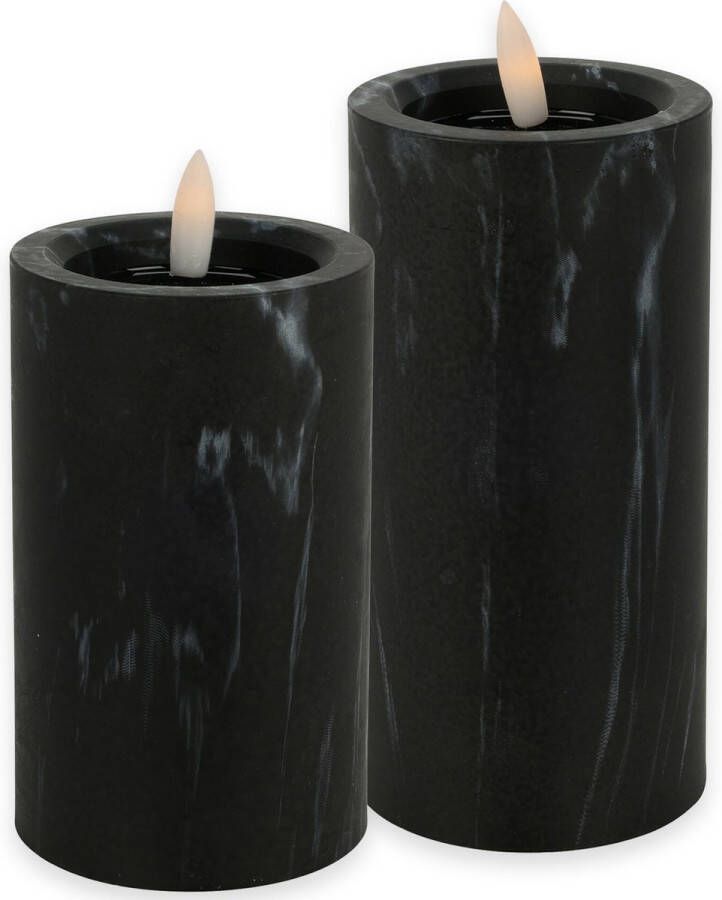 Countryfield LED kaarsen stompkaarsen set 2x zwart marmer look H12 5 en H15 cm timer warm wit LED kaarsen