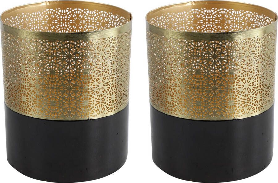 Countryfield Luxe theelichthouder 2x stuks Dubai metaal goud zwart D10 x H12.5 cm