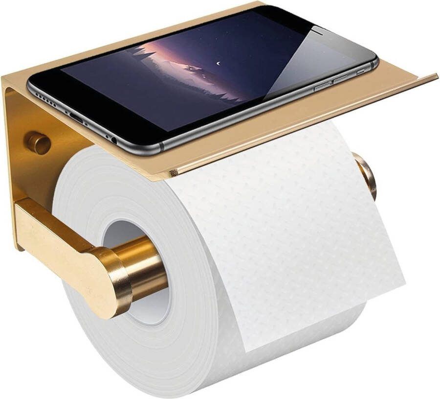 CoverMore Toiletpapier Houder WC Papier Rolhouder Toilet Toiletrolhouder Zelfklevend Ideaal voor Badkamer en Toilet WC Rolhouder met Telefoonplankje Goud