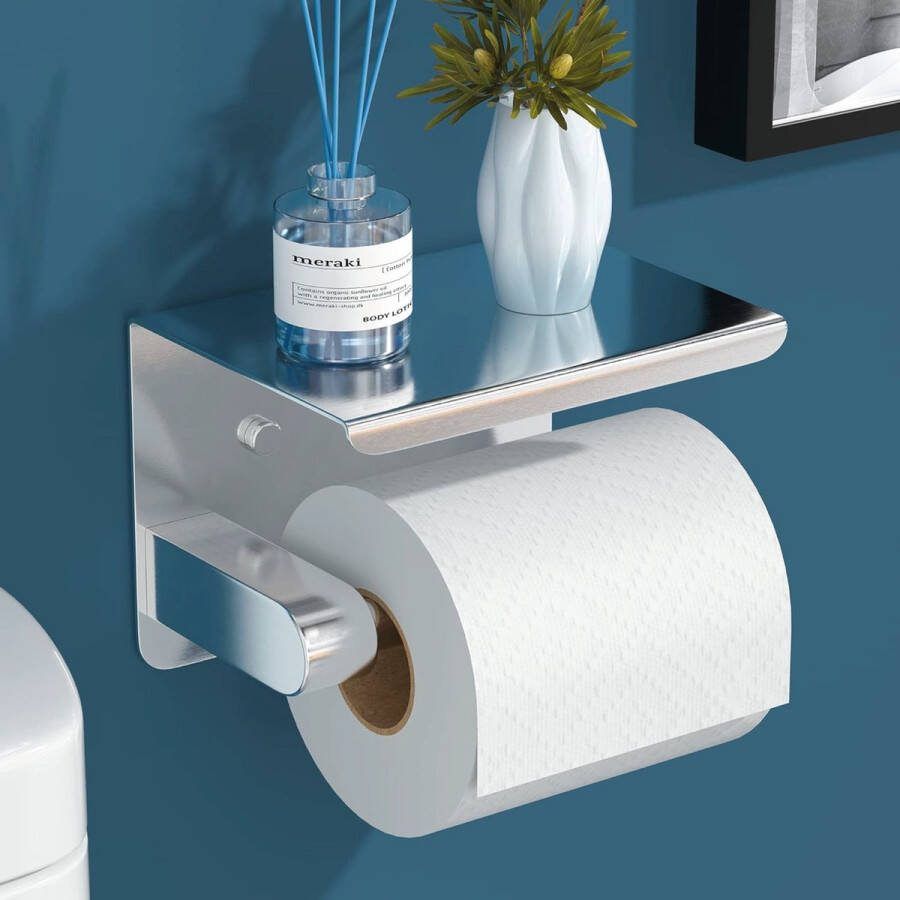 CoverMore Toiletpapier Houder WC Papier Rolhouder Toilet Toiletrolhouder Zelfklevend Ideaal voor Badkamer en Toilet WC Rolhouder met Telefoonplankje Silver