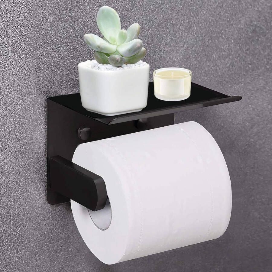 CoverMore Toiletpapier Houder WC Papier Rolhouder Toilet Toiletrolhouder Zelfklevend Ideaal voor Badkamer en Toilet WC Rolhouder met Telefoonplankje Zwart