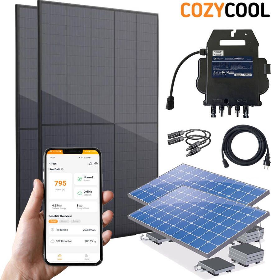 CozyCool 2 zonnepanelen met stekker 850Wp Montagesysteem Omvormer Aansluit materiaal Met App