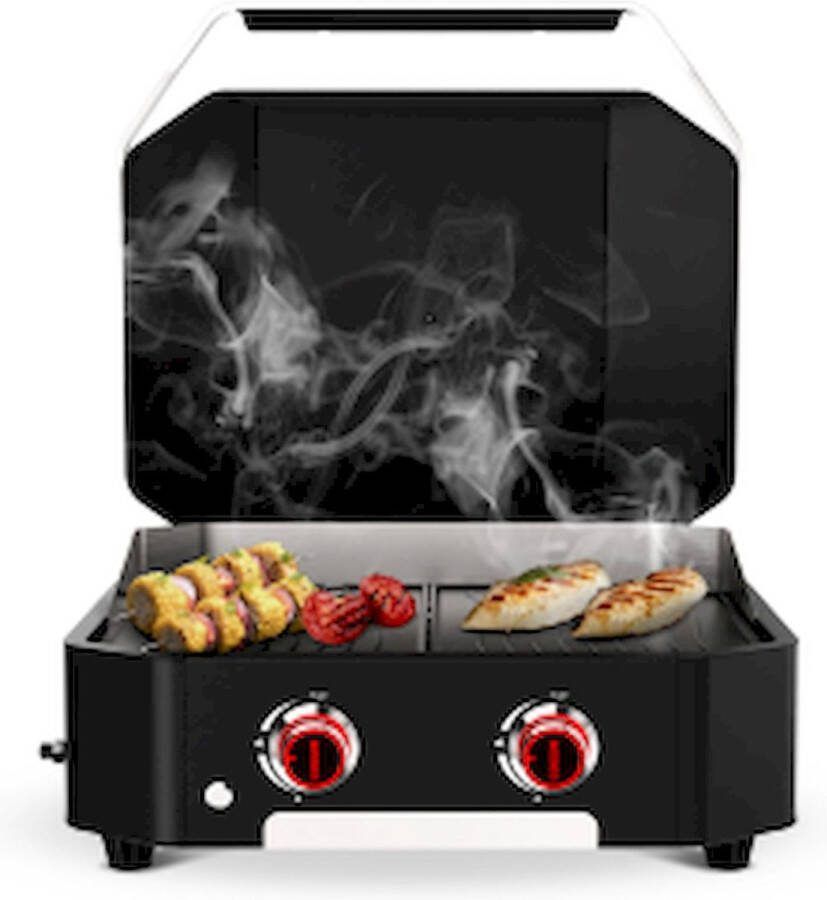Cozze Plancha 600 met Deksel en 2 Branders 65 cm 30Mbar 6.4KW Roestvast Staal Zwart