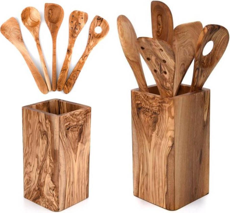 CRAFLAIR OLIVIEU ~ 5-delig Olijfhouten Duurzame Keukengerei Set met Keukengerei Houder ~ Houten Kookgerei ~ Minimalistisch & Handgesneden ~ Keukengerei Pot ~ Kookgerei set met kookgerei houder