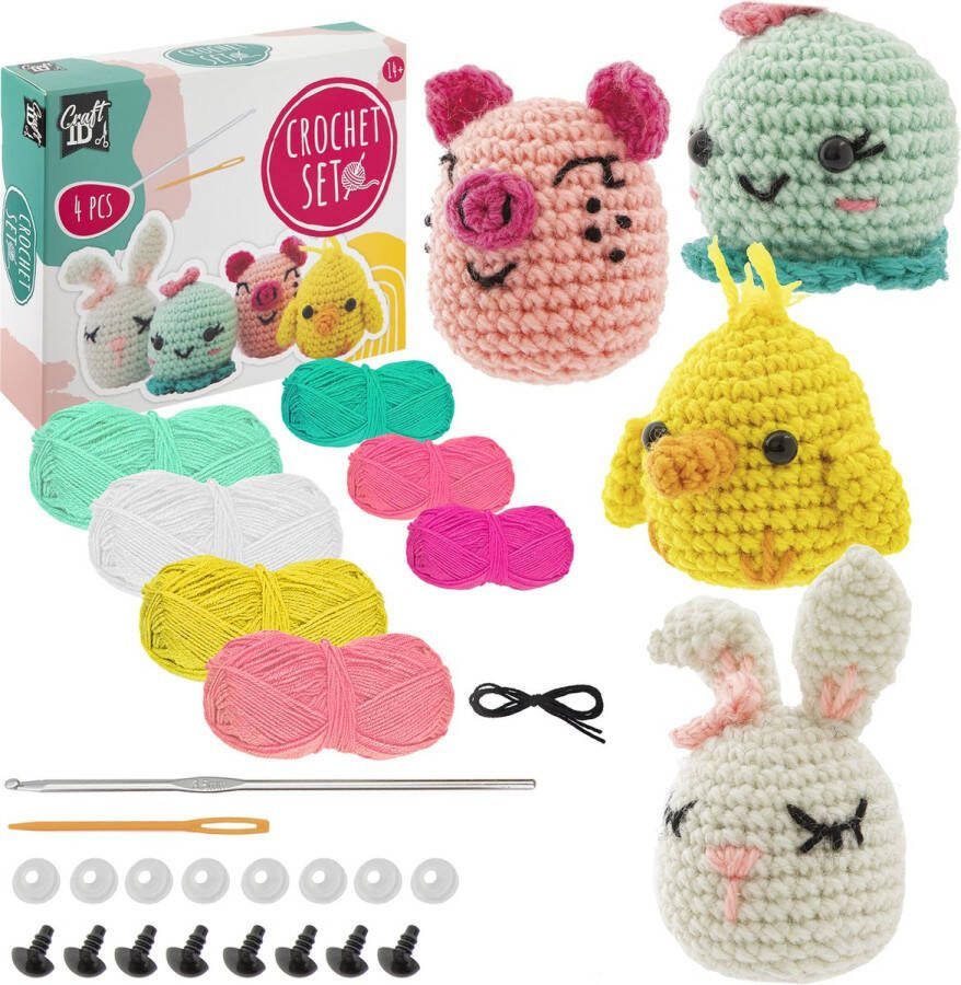 Craft ID Haakpakketten voor Volwassenen 4 Schattige Diertjes Complete Haakset Creatief Hobbypakket