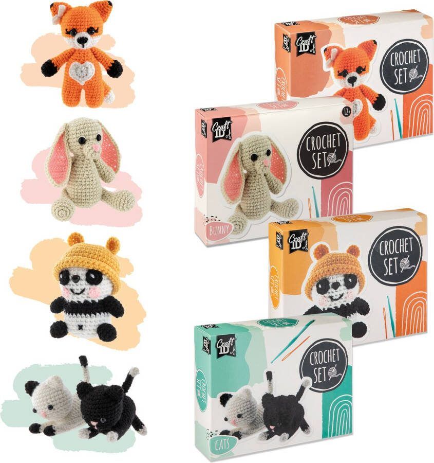 Craft ID Voordeelpack Starters Haakpakket 4-pack amigurumi haken nederlands Vosje Konijn Katjes Panda Haakpakketten Knuffels Doe het Zelf Haakpakket Geschikt voor 12 jaar en ouder Haakpakketten voor volwassenen