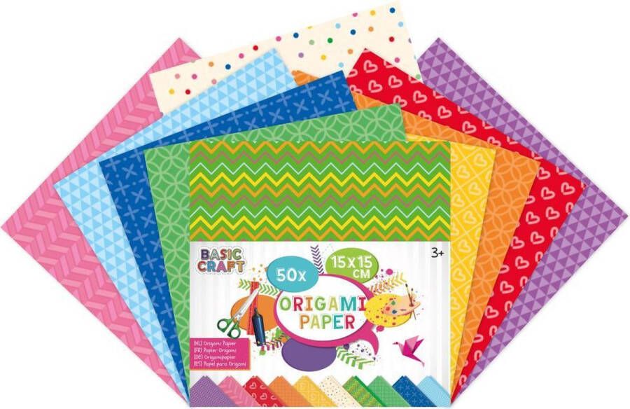 Craft Sensations Origami papier 15 x 15 CM 50 vellen 5 verschillende designs vouwblaadjes met printjes op papier knutselpapier voor kinderen