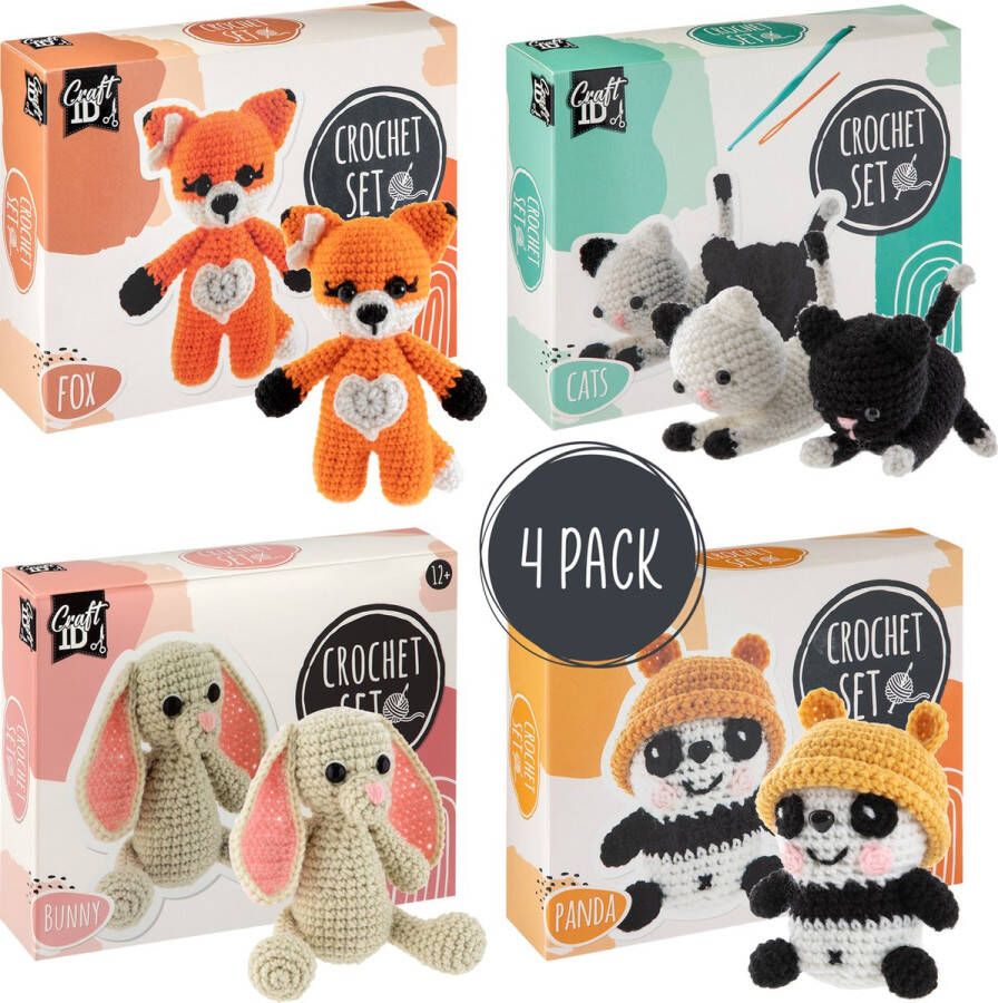 Craft ID Voordeelpack Starters Haakpakket 4-pack amigurumi haken nederlands Vosje Konijn Katjes Panda Haakpakketten Knuffels Doe het Zelf Haakpakket Geschikt voor 12 jaar en ouder Haakpakketten voor volwassenen