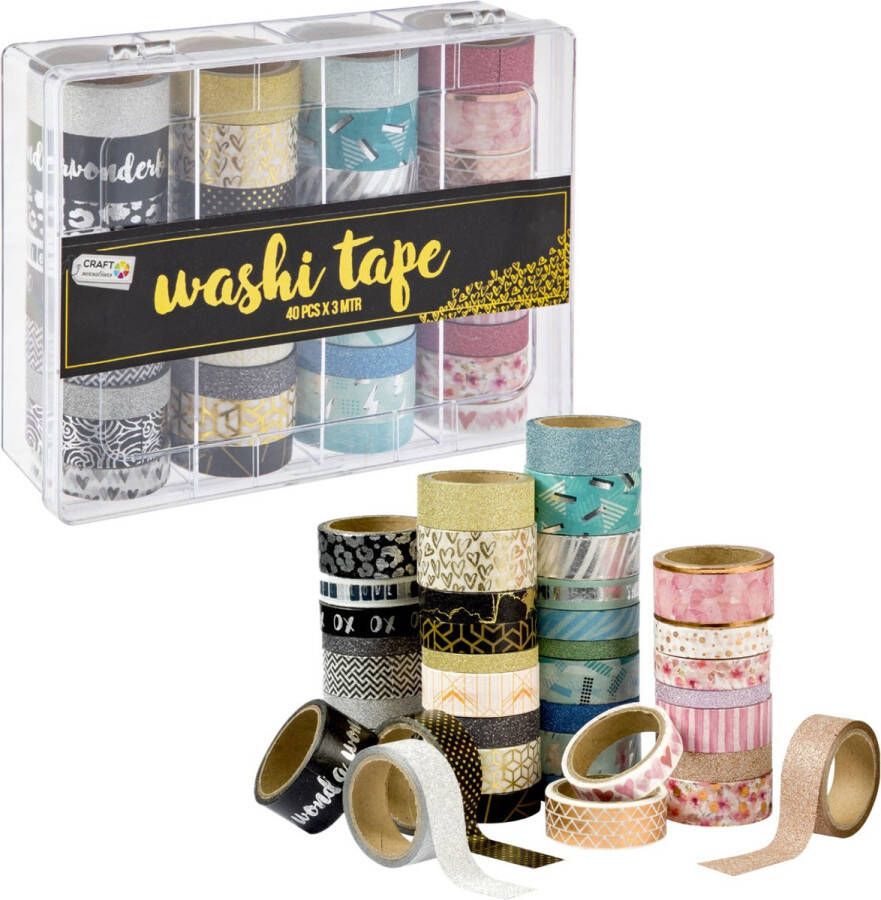 Craft Sensations Washi Tape 40 rollen van elk 3 meter | Decoratieve masking tape in 40 unieke ontwerpen voor handwerk journaling scrapbooking & meer | Plakrollen inclusief handig opbergdoosje