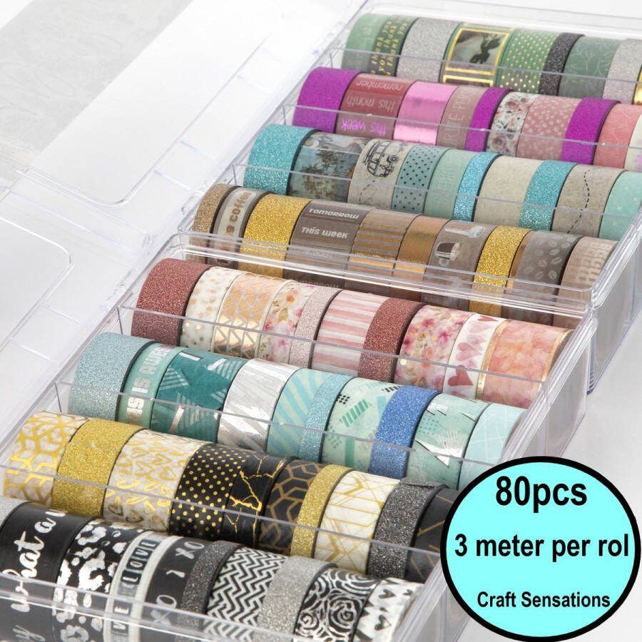 Craft Sensations XXL Washi Tape Box 80 Stuks Elk rolletje 3 meter Decoratieve masking tape Geschikt voor handwerk journaling scrapbooking & meer Plakrollen inclusief handig opbergdoosje