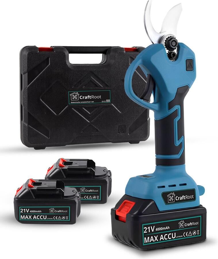 CraftRoot Elektrische Snoeischaar Incl. Opbergkoffer en 2X 4.0Ah Accu s- Professionele Draadloze Heggenschaar 30mm Snijdiameter Elektrische Takkenschaar op accu Tuin Snoei Schaar voor Heggen & Takken