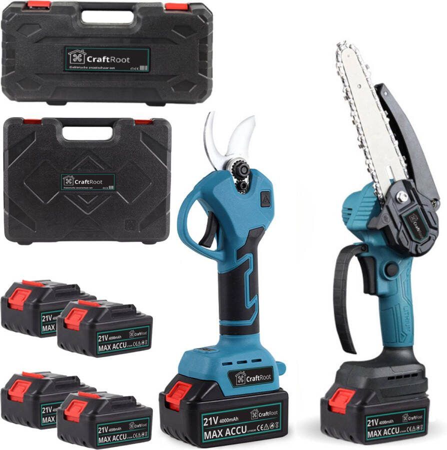 CraftRoot Elektrische Mini Kettingzaag en Elektrische Snoeischaar Set Draadloze Elektrische Compacte Accu Kettingzaag en Professionele Takkenschaar met Opbergkoffers en 4X 4.0Ah Accu s