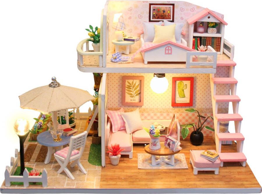 Crafts & Co Crafts&Co Miniatuur Bouwpakket Volwassenen Knutselen Meisjes Houten Poppenhuis DIY Roze Kamer