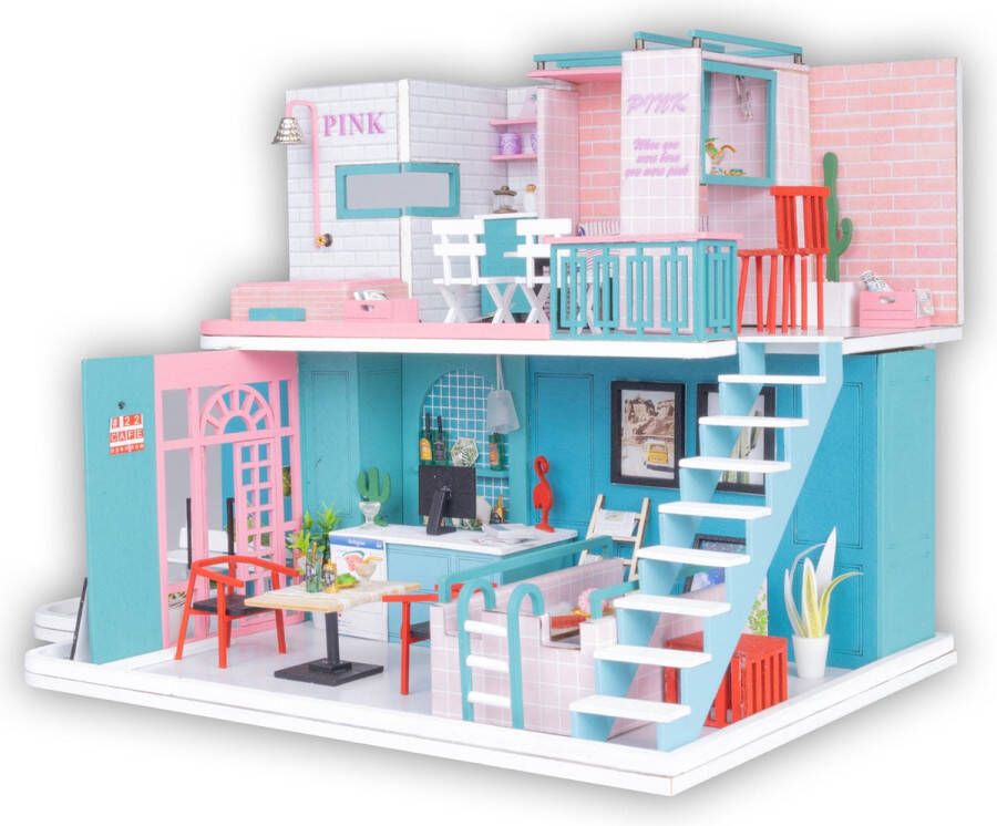 Crafts & Co. Crafts&Co Miniatuur Bouwpakket Volwassenen Knutselen Meisjes Houten Poppenhuis DIY Pink Retro Café