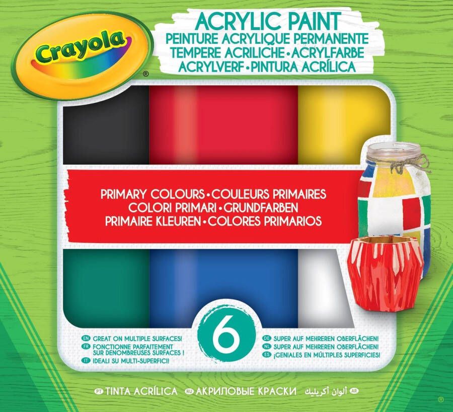 Crayola 6 Acryl verf Primaire Tinten in Hersluitbare Potten Klaar voor Gebruik voor School en Vrije Tijd