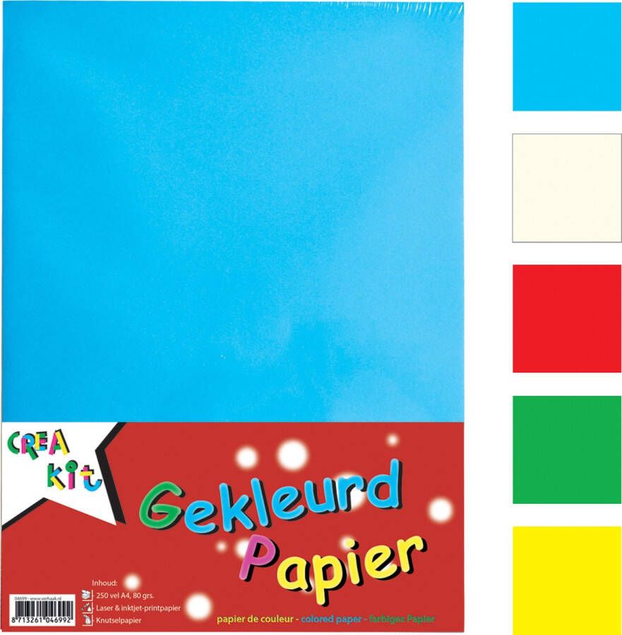 Crea-kit Knutselpapier Gekleurd Junior Knutselen Tekenpapier Gekleurd papier Voor Kinderen A4 Papier 250 Vellen