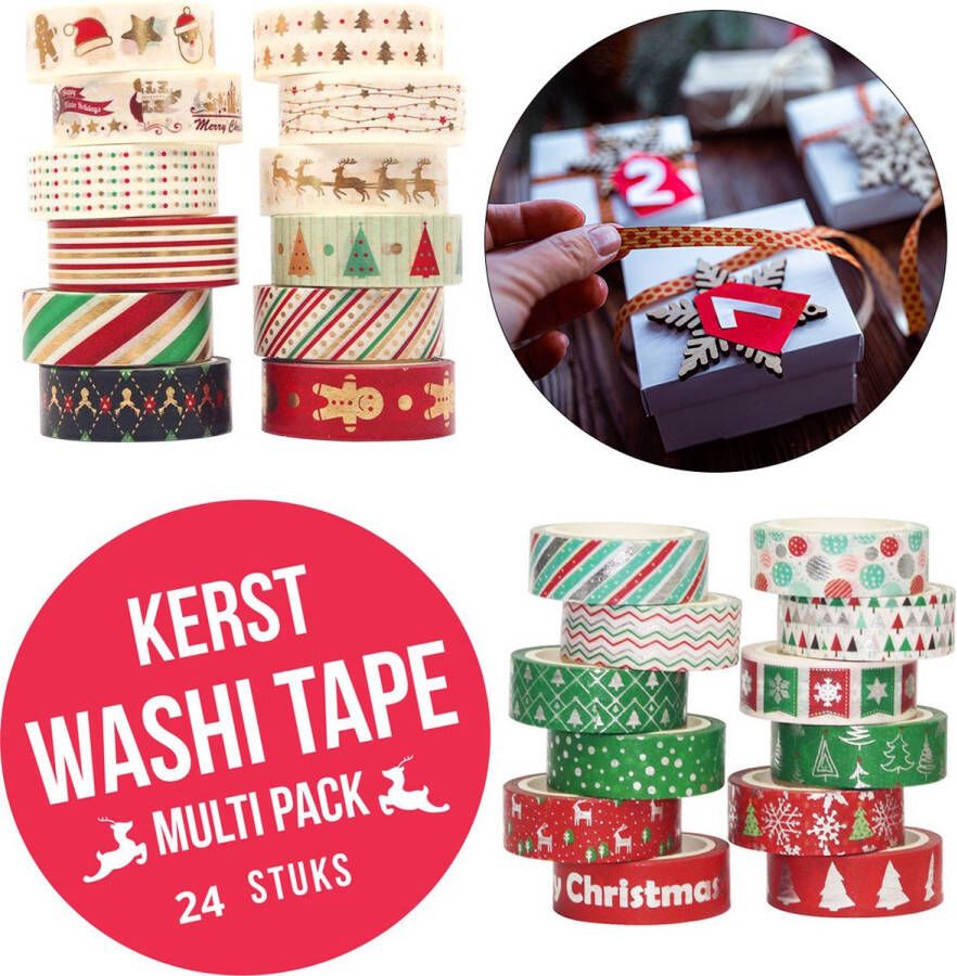 CREA010 Kerst Washi Tape Alle designs 24 rollen Combi Pack Masking Tape Decoratie Feestdagen Kerstmis Creativiteit Cadeaus
