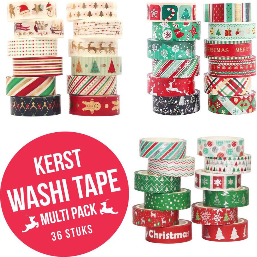 CREA010 Kerst Washi Tape Alle designs | 36 rollen | Combi Pack | Masking Tape | Decoratie | Feestdagen | Kerstmis | Creativiteit | Cadeaus