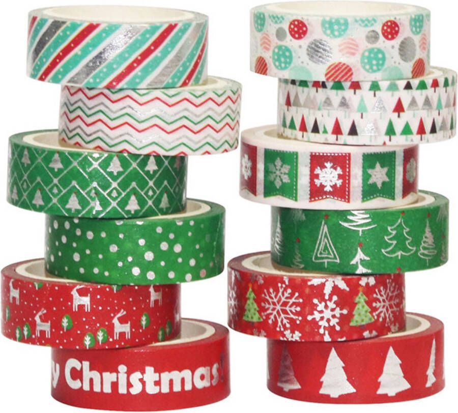 CREA010 Kerst Washi Tape Design 1 | 12 rollen | Masking Tape | Decoratie | Feestdagen | Kerstmis | Creativiteit | Cadeaus