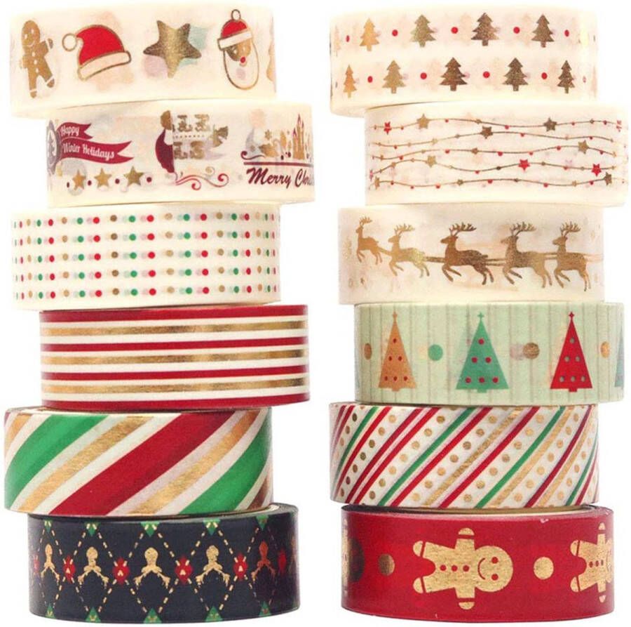 CREA010 Kerst Washi Tape Design 2 | 12 rollen | Masking Tape | Decoratie | Feestdagen | Kerstmis | Creativiteit | Cadeaus