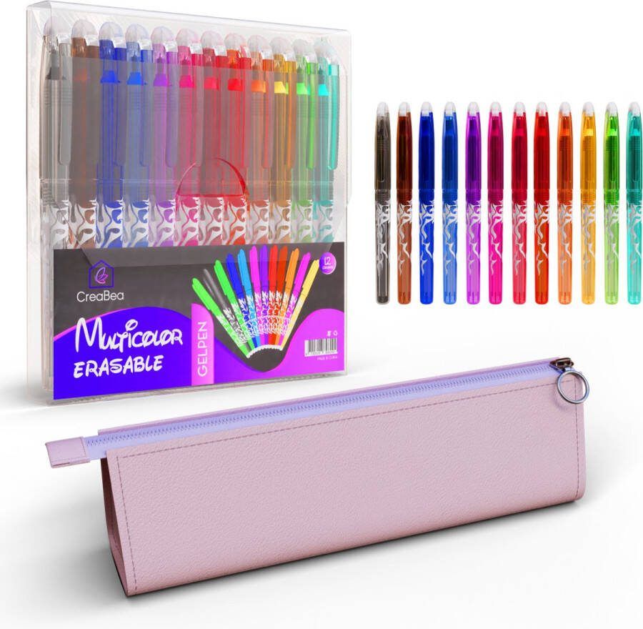 CreaBea Pennenset met Etui voor Meisjes Rollerball Pennen voor School Uitwisbaar Gelpennen voor Volwassen en Kinderen Vullingen Vervangbaar Etui Leer Roze 12 Kleuren