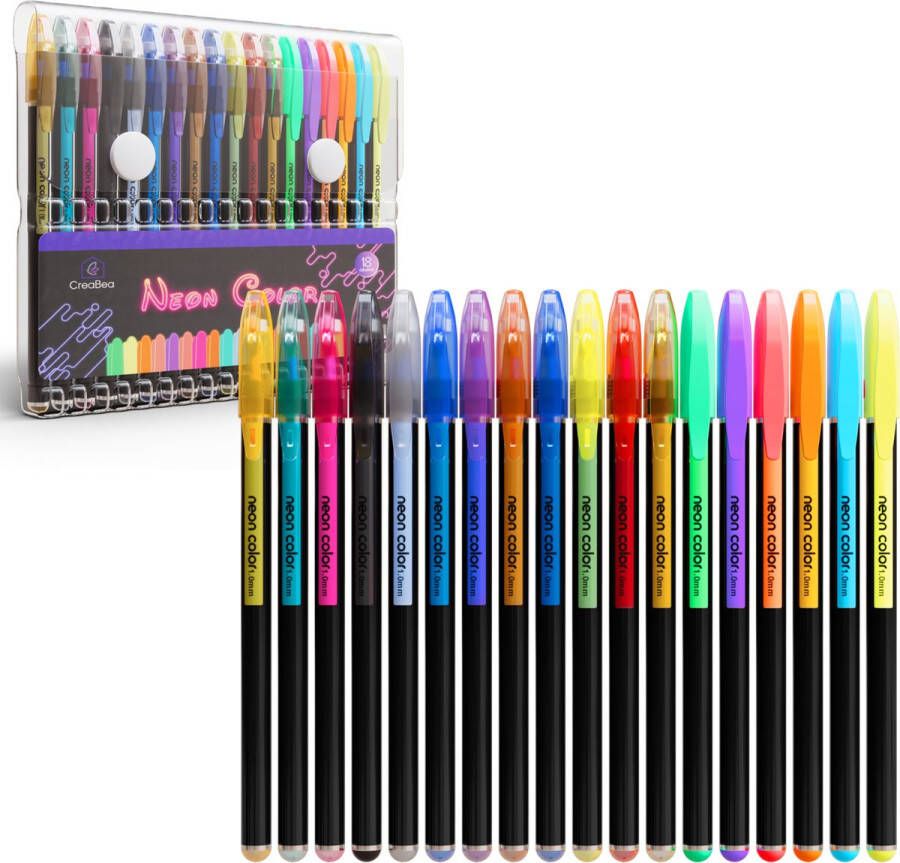 CreaBea Pennenset Rollerball Pennen Gelpennen voor Volwassen en Kinderen 18 Neon Metallic en Glitter Kleuren