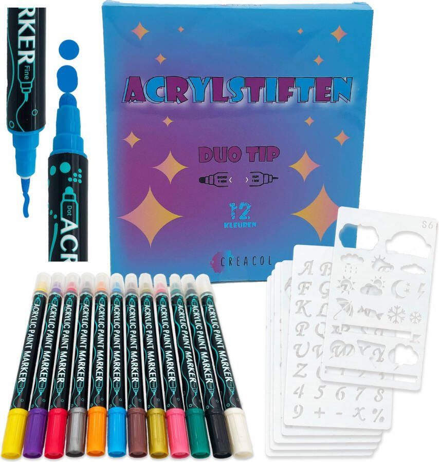CREACOL Acrylstiften 12 stuks Dual Tip Verfstiften Tekenset Happy Stones Stiften Inclusief Sjablonen