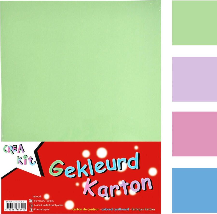 CreaKit Knutselkarton Pastel papier Knutselen A4 formaat – 50 Vellen 150 gram Pastel Bauw wit rood groen geel