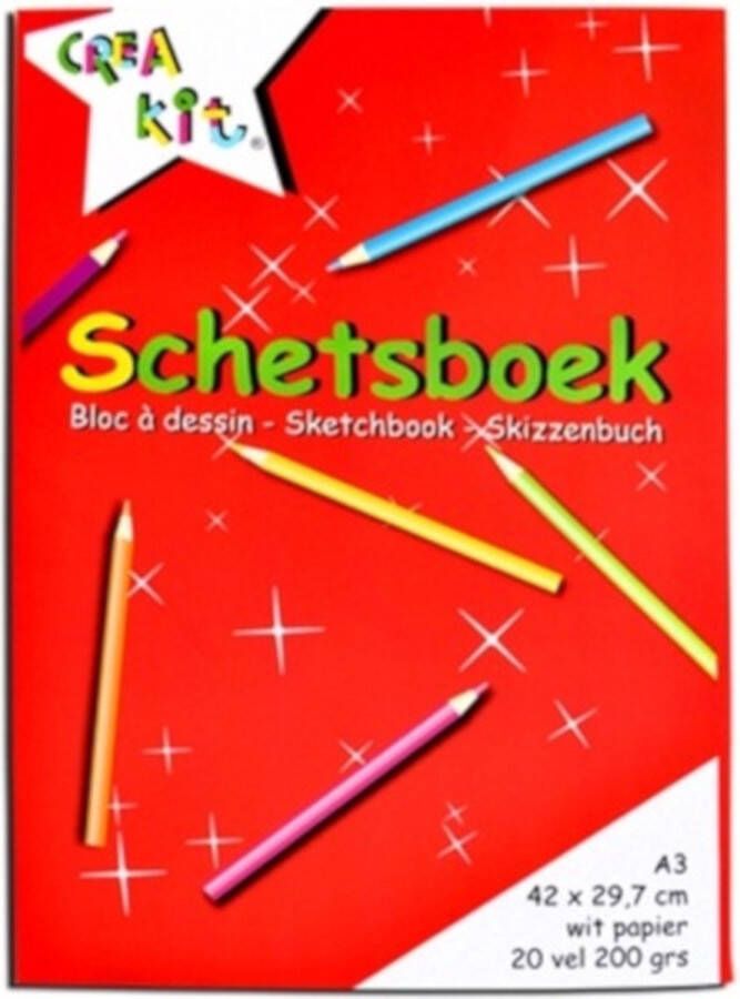 CreaKit Schetsboek – Tekenpapier A3 Formaat – 20 Vellen 42 x 29.7 cm – Gelijmd aan bovenzijde Wit papier – 200 Gram