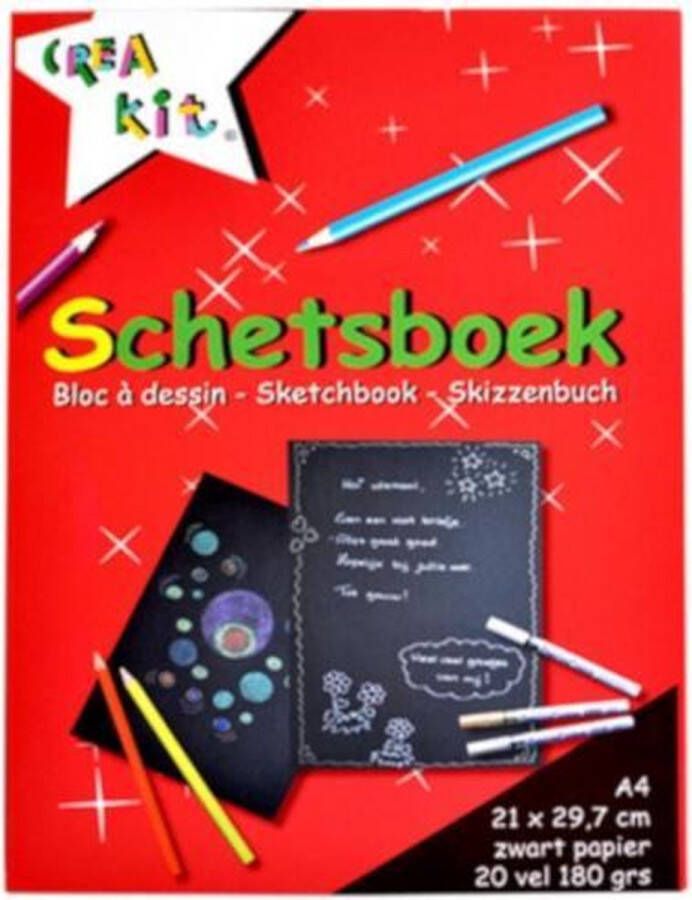 CreaKit Schetsboek – Tekenpapier A4 Formaat – 20 Vellen 21 x 29.7 cm – Gelijmd aan bovenzijde Zwart papier – 180 Gram
