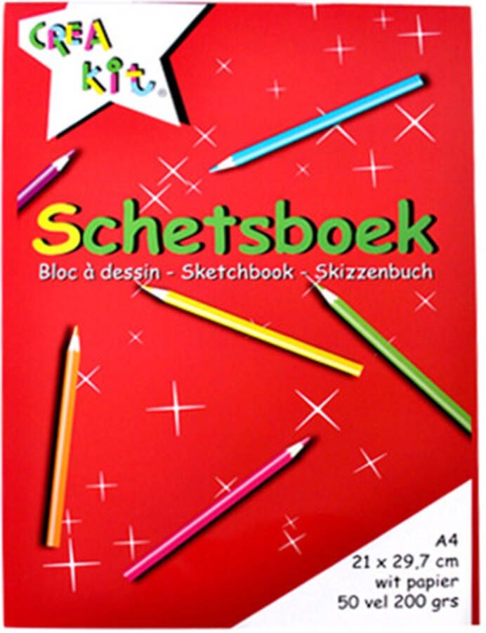 CreaKit Schetsboek – Tekenpapier A4 Formaat – 50 Vellen 21 x 29.7 cm – Gelijmd aan bovenzijde Wit papier – 200 gram