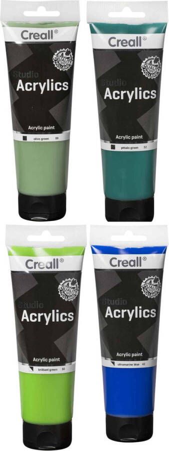 Creall Acryl Verf Set 4 kleuren 4x250ml=totaal 1000ml Kleuren: Ultramarine Brilliant Green Phtalo Green Olive Green