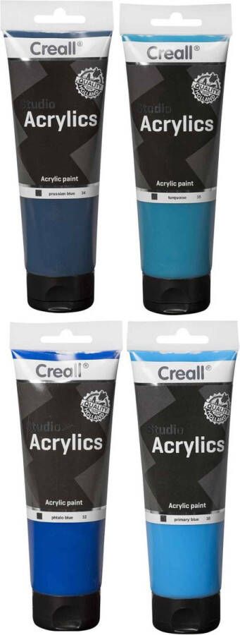 Creall Acryl Verf Set 4 kleuren 4x250ml=totaal 750ml Kleuren: Primary Blue Phtalo Blue Prussian Blue en Turquoise