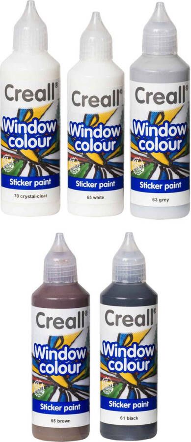 Creall Glas Verf 5 Kleuren Assortiment – 5 x 80ml Windowcolor – Met handig Tuitdop – Maak zelf mooie Stickers