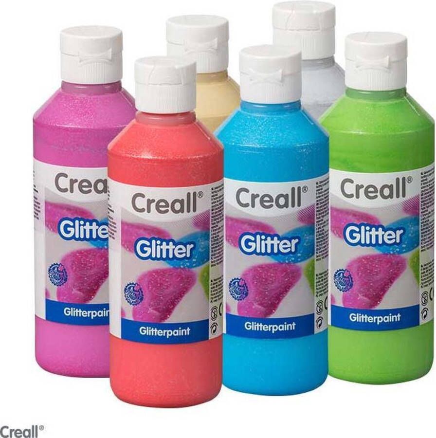 Creall Glitterverf 6 kleuren in 250ml flacons