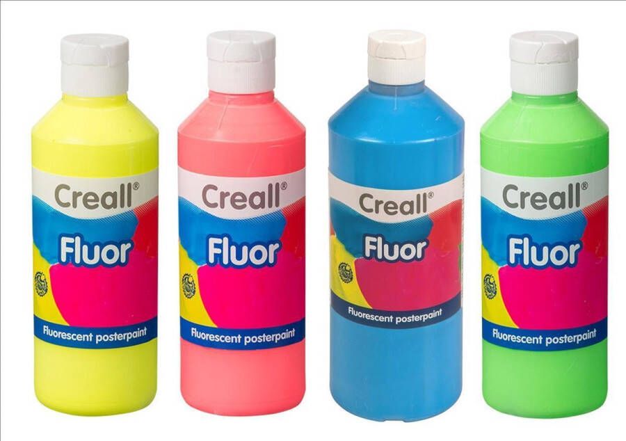 Creall Plakkaatverf op waterbasis FLUOR geel rood blauw en groen in 4 x 500 ml.