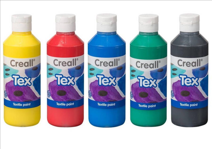 Creall Textielverf op acrylbasis assortiment geel rood blauw groen en zwart flacon 500 ml