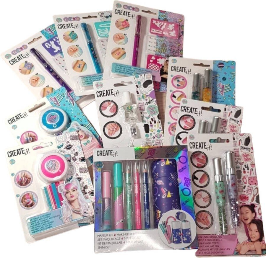 Create-It Make-up set compleet voor kinderen nagellak nail art mascara oogpotlood- haarkrijt 24 delig