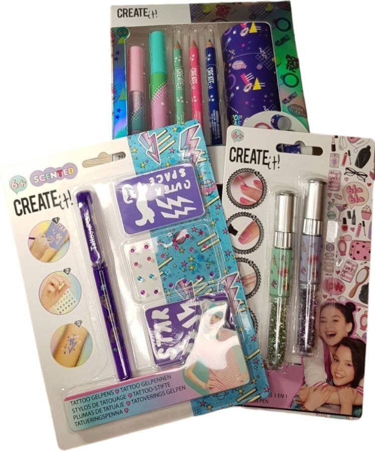 Create-It Make up set paars voor kinderen oogpotlood tattoopen nagellak